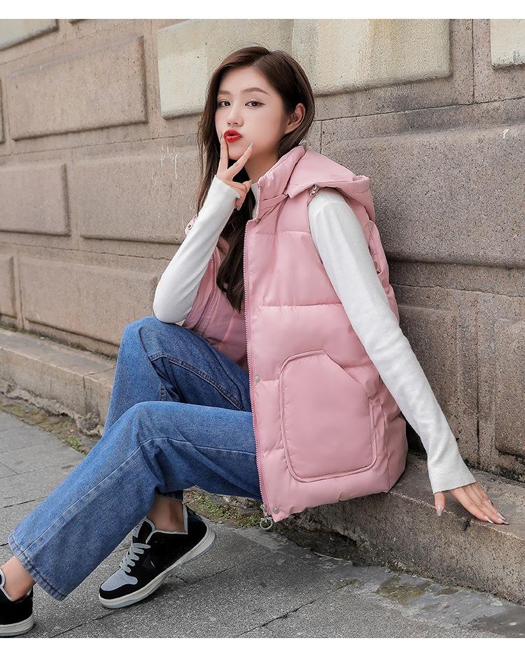 Women Autumn Winter Short Hooded Vest Coat With Belt Outwear Overcoat Oversized Puffer Jacket Cotton Padded Parkas Waistcoat