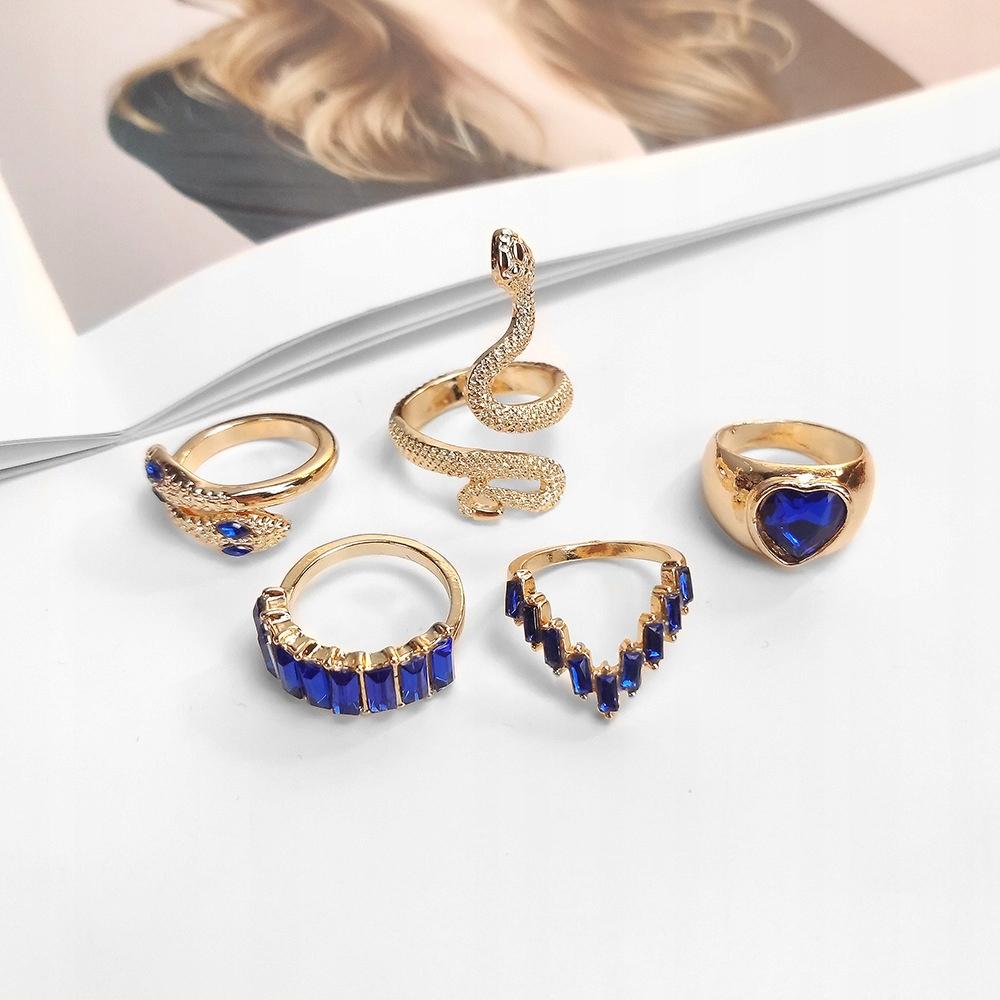 Set Of 5 Gold Rings Retro Punk Vintage Snake Heart Blue