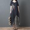 Summer Artistic Loose Splicing Printed Cotton Hemp Round Neck Short Sleeve Dress for Women