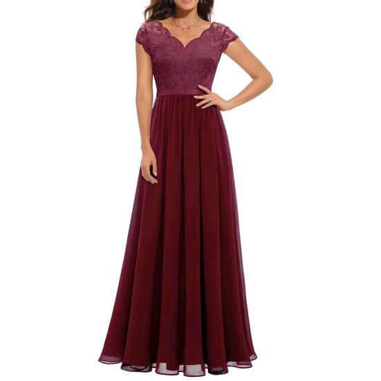 Women's Lace V-Neck Evening Dress Long A-Line Chiffon Bridesmaid Dress Mother of The Bride Wedding Guest Maxi Dress for Party Prom