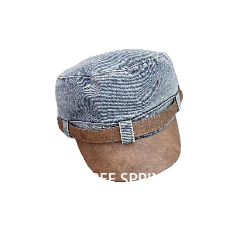 Autumn and winter new washed leather denim newsboy hat women's big head circumference showing face little knight hat