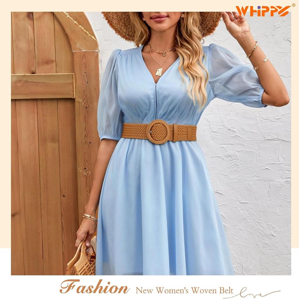 WHIPPY Wide Woven Belt for Women Rattan Braided Waist Belt Fashion Boho Straw Raffia Belt for Dresses