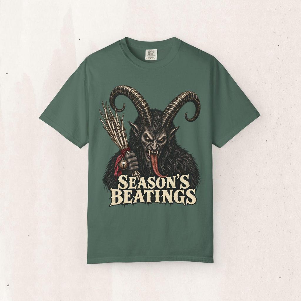 Krampus Seasons, Dark Holiday Graphic Tee | Heavyweight Garment-Dyed Cotton | S-4XL, Vintage Folklore Style