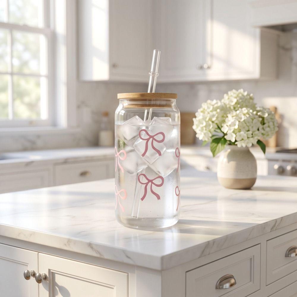 Large Capacity Bow Cup Transparent Drinking Cup Ins Clear Straw Cup Tea
