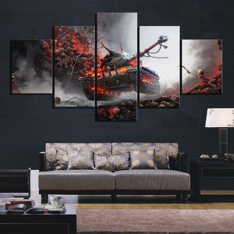 Игра 5 панелей World Of Tanks Черепа геймер Холст Плакаты Настенные художественные фотографии HD Картины маслом Домашний декор Украшение гостиной