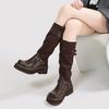 Кожа~ Ретро ботфорты на толстой подошве женские расширенная версия новые замшевые ретро ботинки с напуском рабочие ботинки