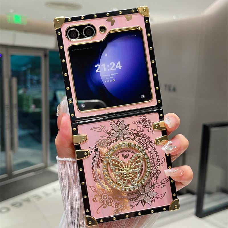 New Japanese and Korean Models Suitable for ZFLIP6 Samsung Laser Phone Case Aurora Butterfly Stand Rhinestone Flip5 Folding Shell