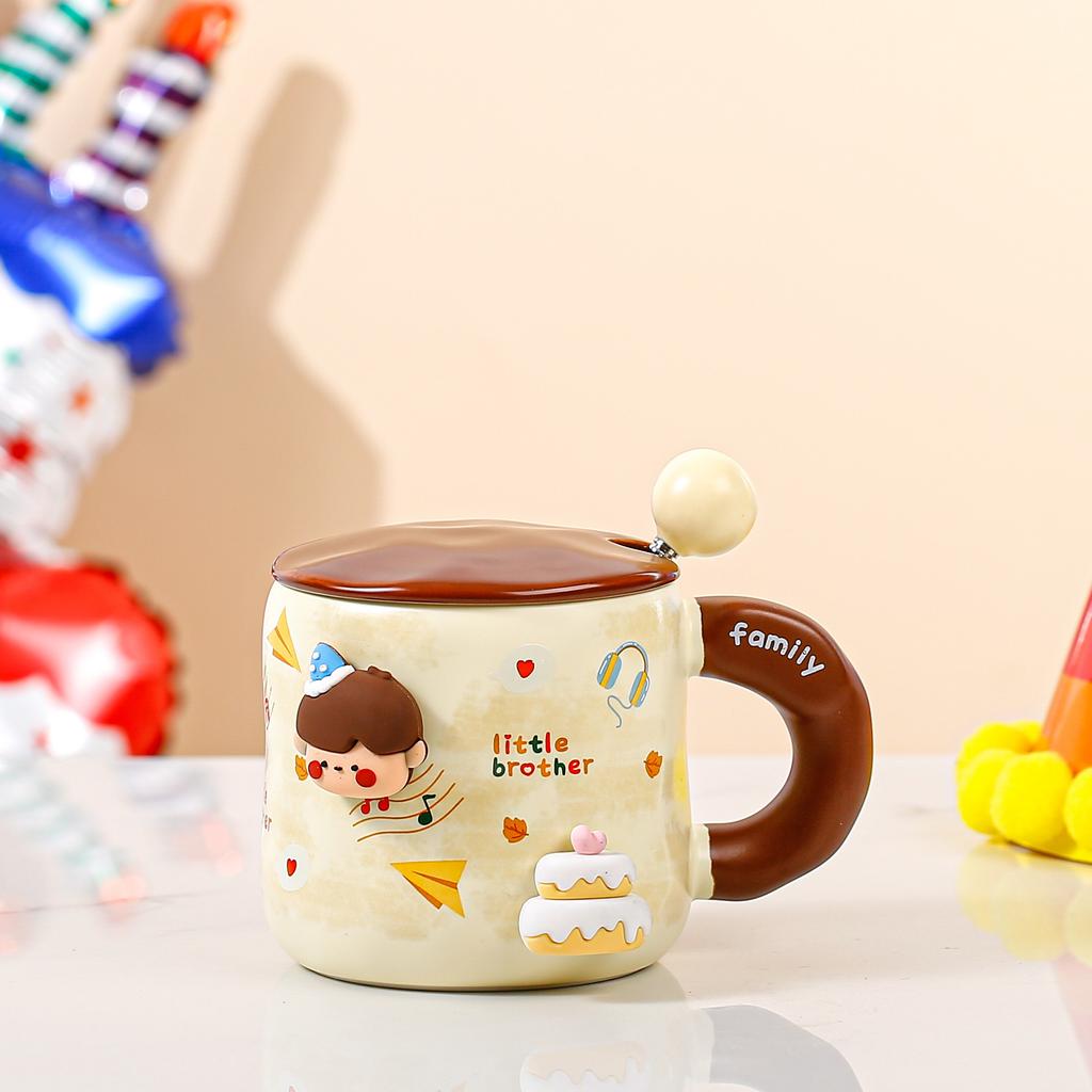 Креативная мультяшная керамическая кружка с крышкой и ложкой, семейная кружка, чашка фэн-шуй для девочек, большой объем