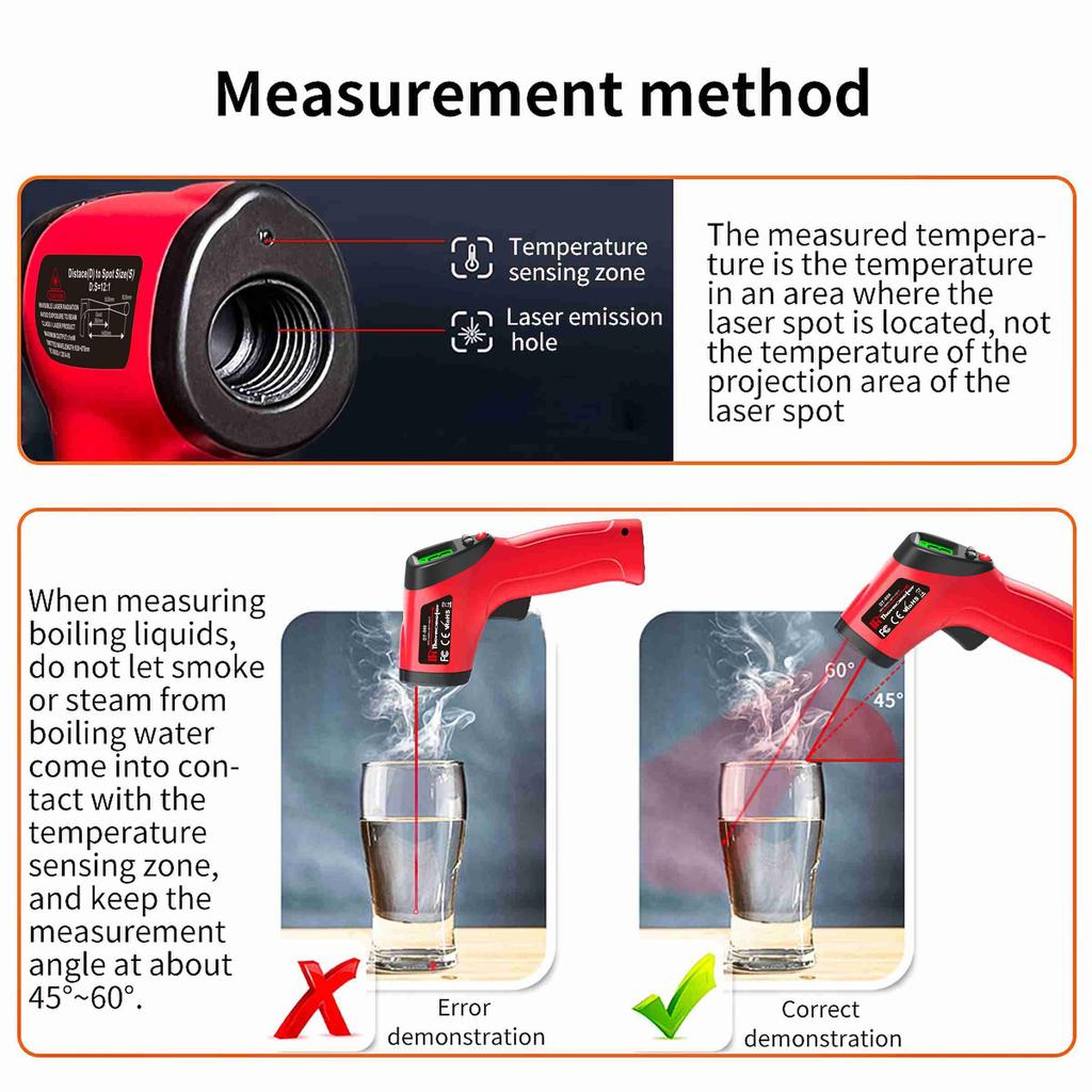 Инфракрасный термометр-пистолет -50~500°C Бесконтактный лазерный термометр Ручной датчик температуры Измерение Цифровой пирометр ЖК-дисплей с подсветкой