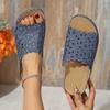 Cross-border Foreign Trade Large Size Summer New Simple Casual Flower Hollow PU Medium Heel Women's Wedge Heel Slippers