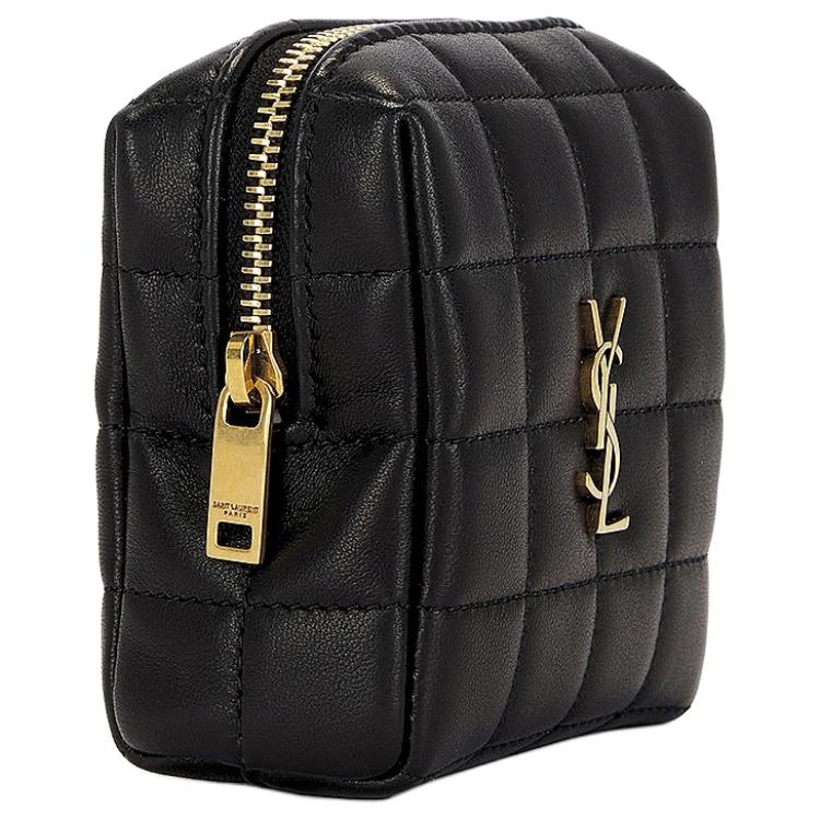 Saint Laurent Мини-клатч YSL с металлическим логотипом, золотистой фурнитурой и стеганой кожей, женский, черный, артикул 778102AABVP1000