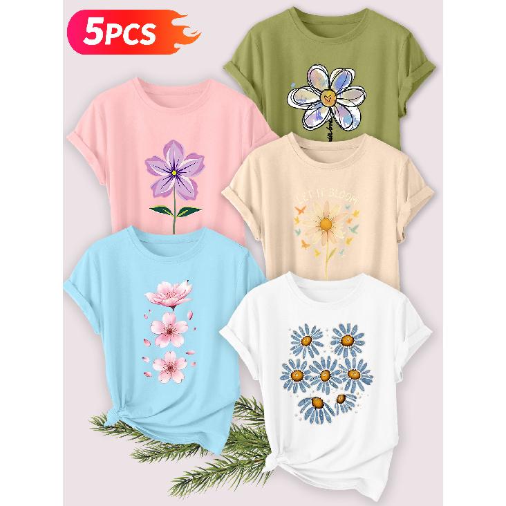 Five-piece set Elegant short-sleeved shirt for women Fresh floral print round-neck women's short-sleeve shirt suitable for spring and summer