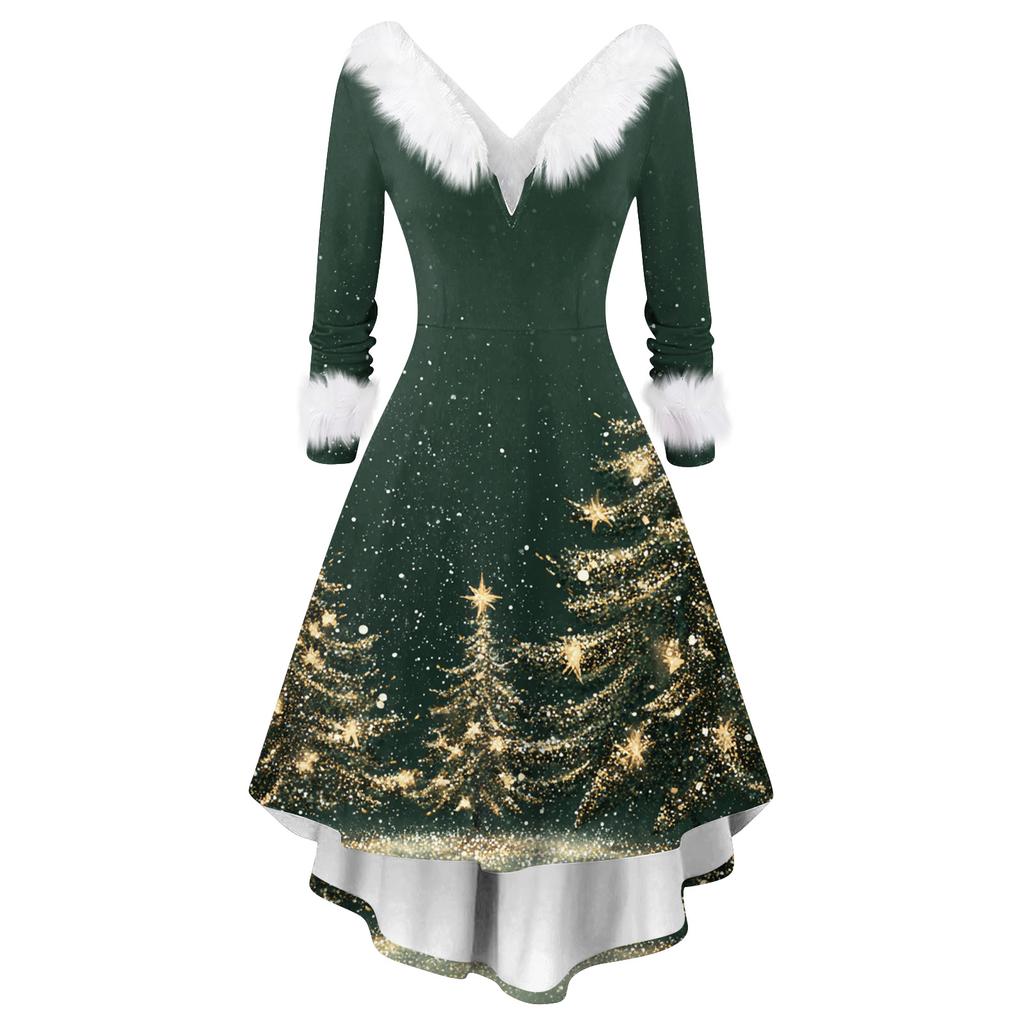 Women's Fashion Casual V-Neck Christmas Print Long Sleeve Dress