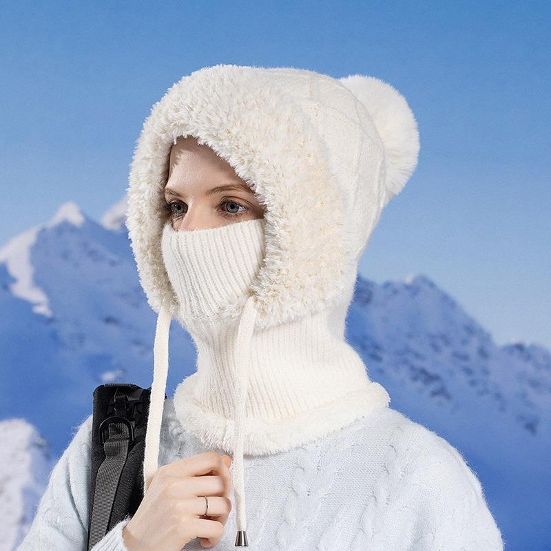 1PC Winter Women's Hat Mask Scarf Integrated Pullover Hat Fleece Warm Ear Protector Knitted Woolen Hat