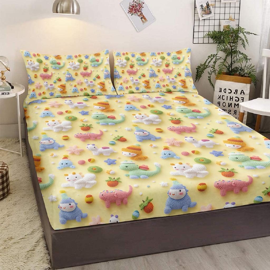 Cotton Dinosaur 3-Piece Bedding Set, Cute Dinosaur Type With 2 Pillowcases, Suitable For Bedroom (Fairy Tale, Children'S Day)