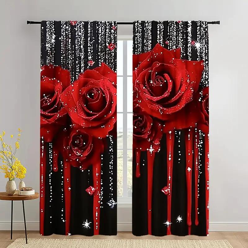 Черные шторы с яркими красными розами и блестящими принтами звезд, спальня и гостиная, домашний декор, декор комнаты