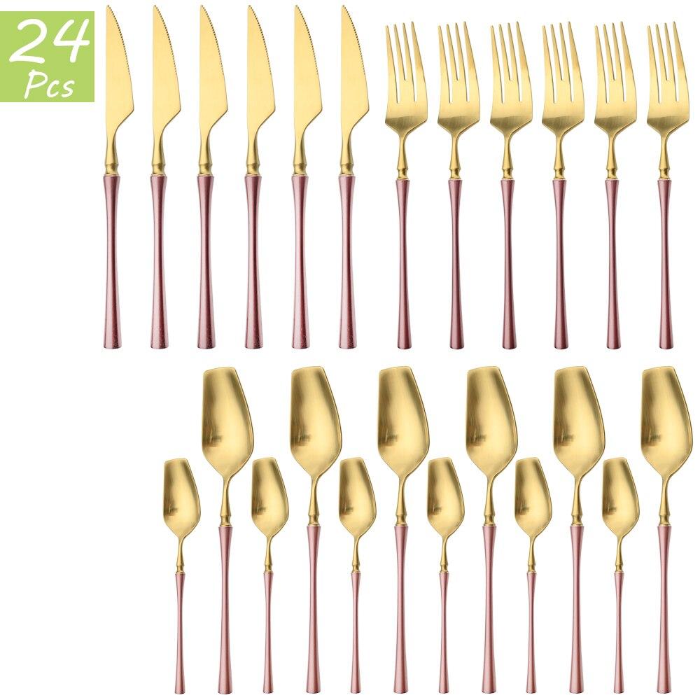 24Pcs Red Gold Cutlery Set 18/10 Stainless Steel Tableware Vintage Knife Fork Coffee Spoon Dinnerware Set Wedding Kitchen Silverware
