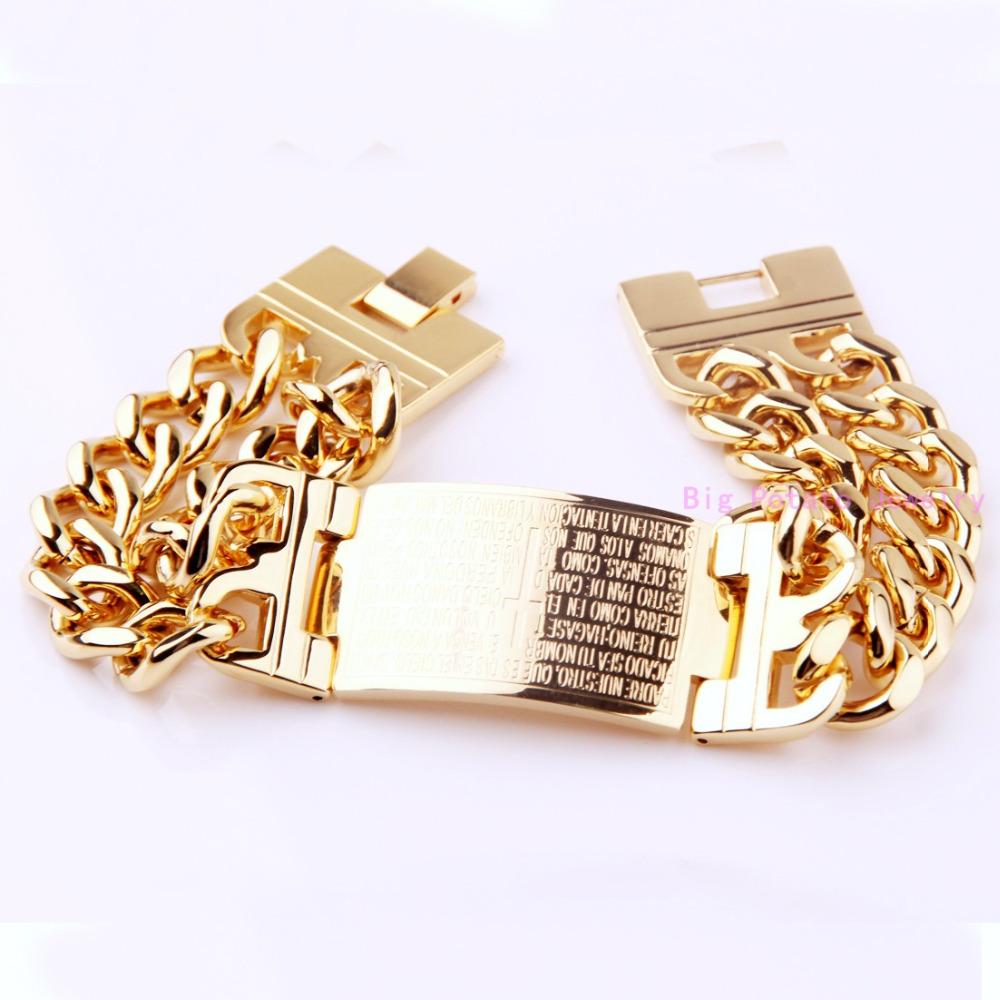 Amaze Design Желтое золото Кубинское звено цепи с лентой удостоверения личности Мужской браслет Ювелирные изделия из нержавеющей стали