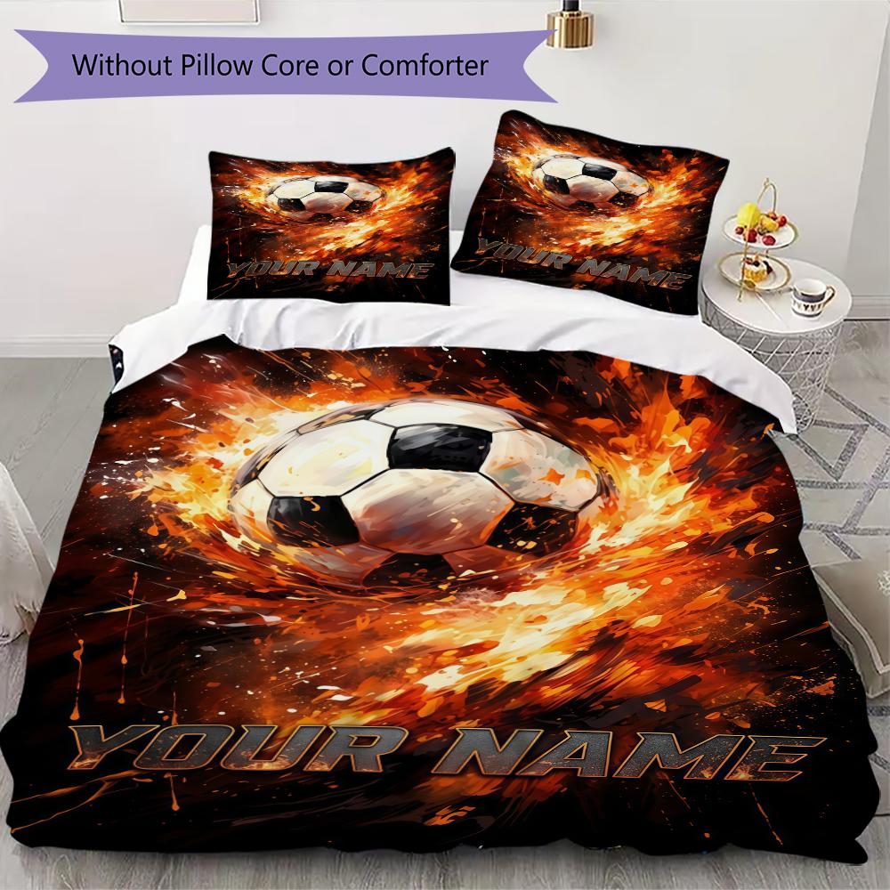 Custom Name Soccer Ball Neon Bedding,Quilt Set Quilt Cover Pillowcase Home Birthday Gift(1 * duvet cover + 2 * pillowcase, without core)_lx