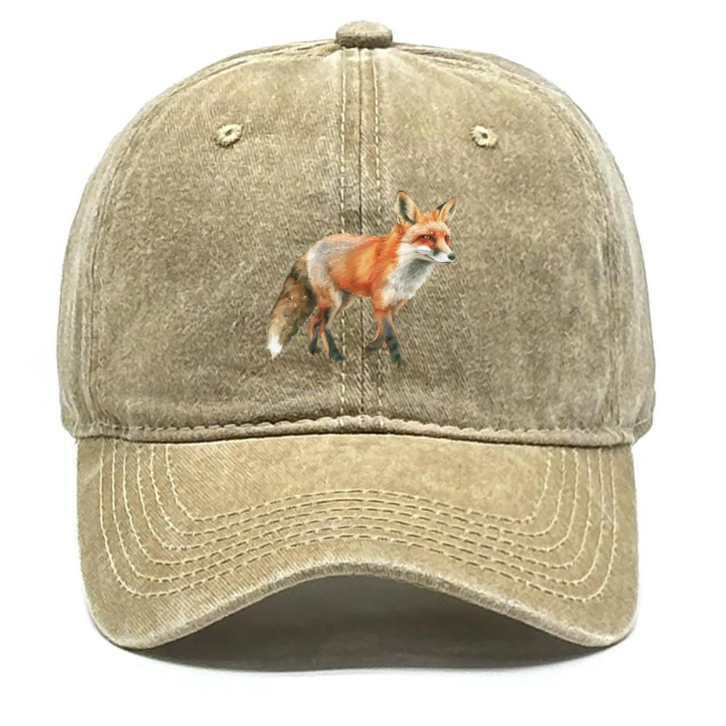 Lifelike Fox Print Snapback Sun Hat, Animal Dad Hat Sun Protection Distressed Vintage-Inspired Washed Adjustable Baseball Cap
