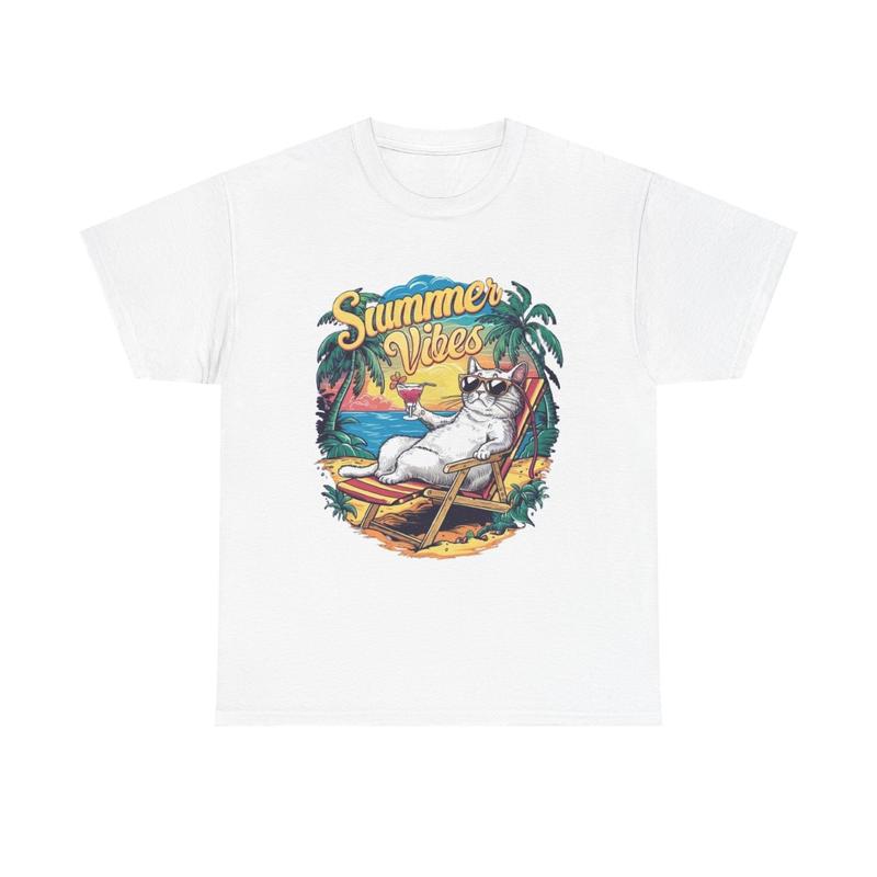 Summer Vibes Graphic Unisex T-Shirt Funny Cat Drinking Unisex Heavy Cotton Tee