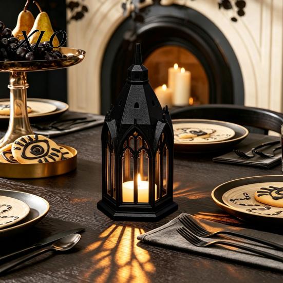 Creative Plastic Sculpture Gothic Cathedral LED Candle Lantern, Church Shaped Flameless Tealight Lamp, Window Sill Decoration Spooky Vintage