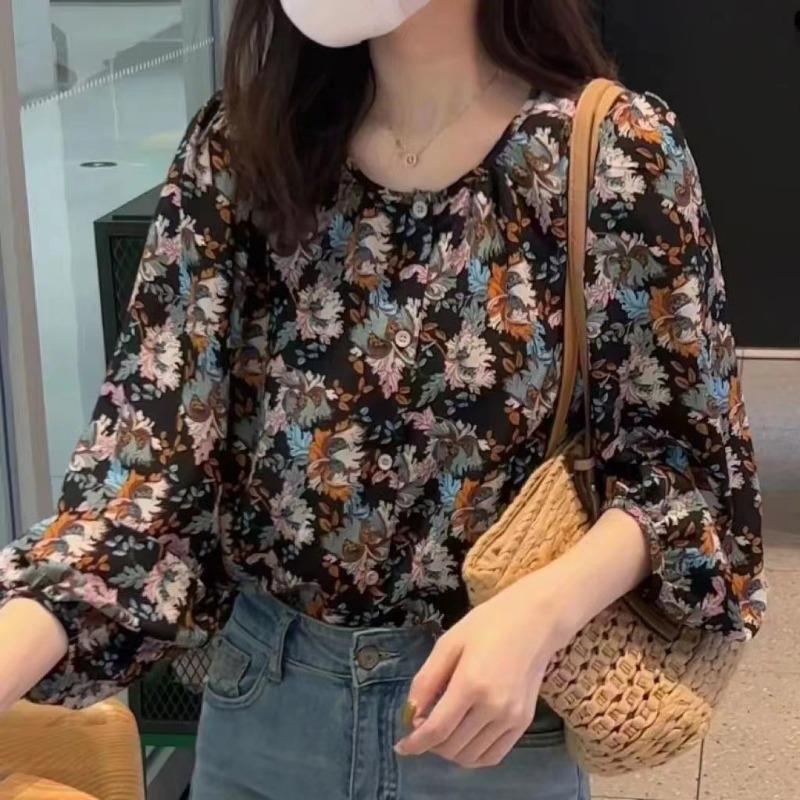 Spring New Korean Style Round Neck Puff Sleeve Printed Shirt for Women Loose and Versatile Long-sleeved Shirt
