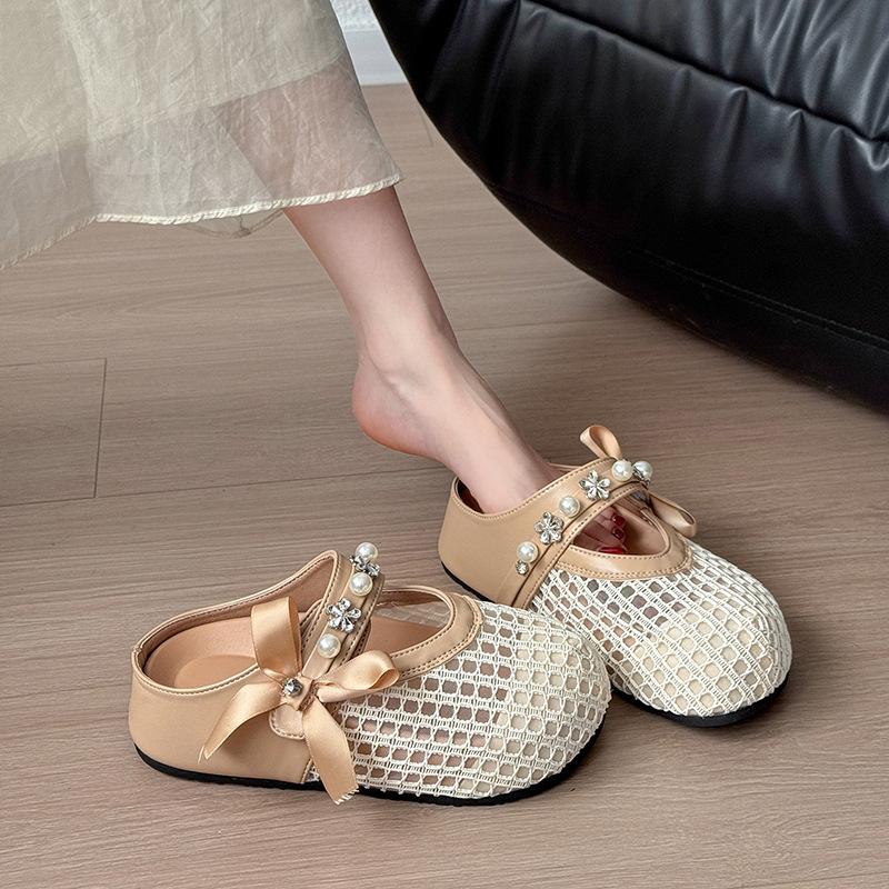 Flat Bottom Bag Head Breathable Mesh Fashionable Versatile Women's Drag Summer Niche Hollow One Word with Half Slippers