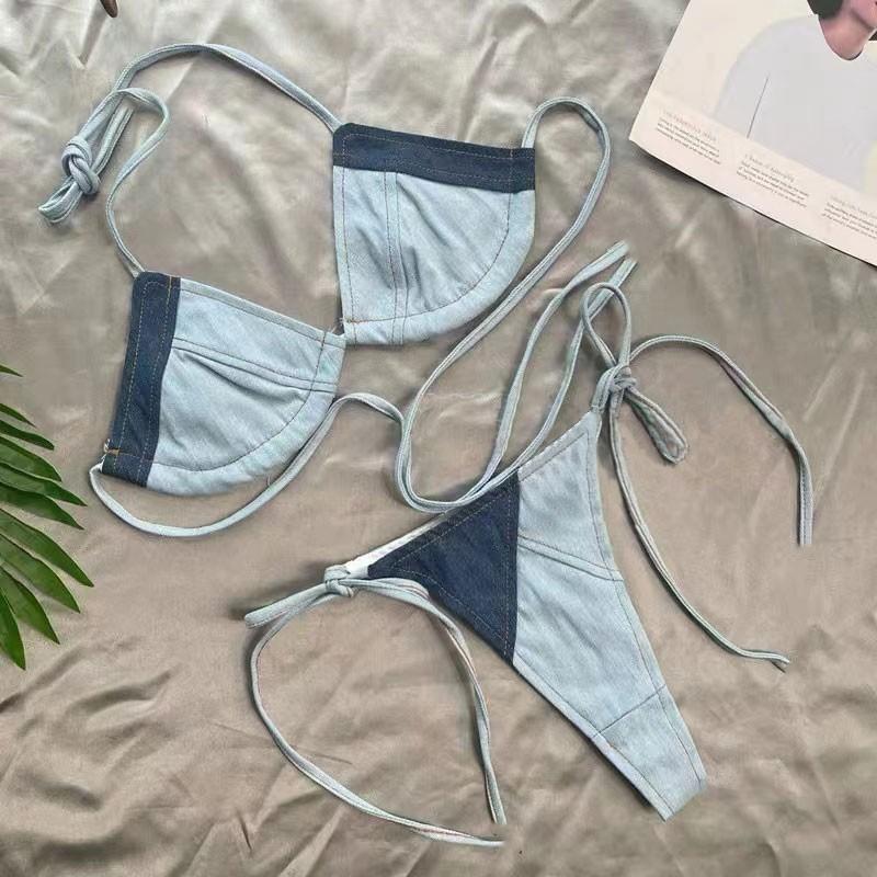 Internet celebrity denim bikini neck strap swimsuit women's vacation sweet and spicy overalls with high-end swimsuit