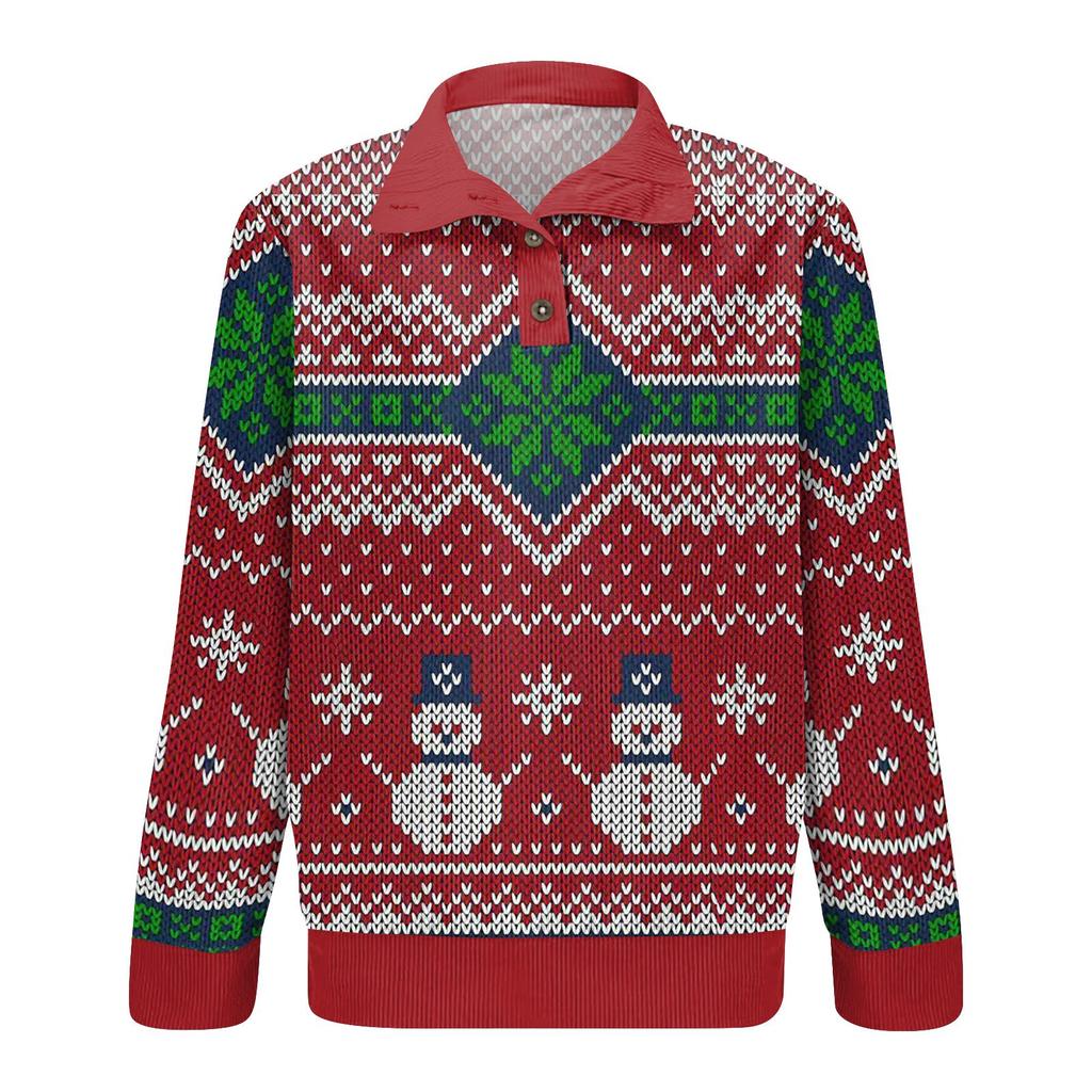 Men's Christmas Cotton Pullover Long Sleeve Outdoor Shirt Vintage Corduroy Button Stand Collar Shirt Casual Sweatshirt Christmas Print Top