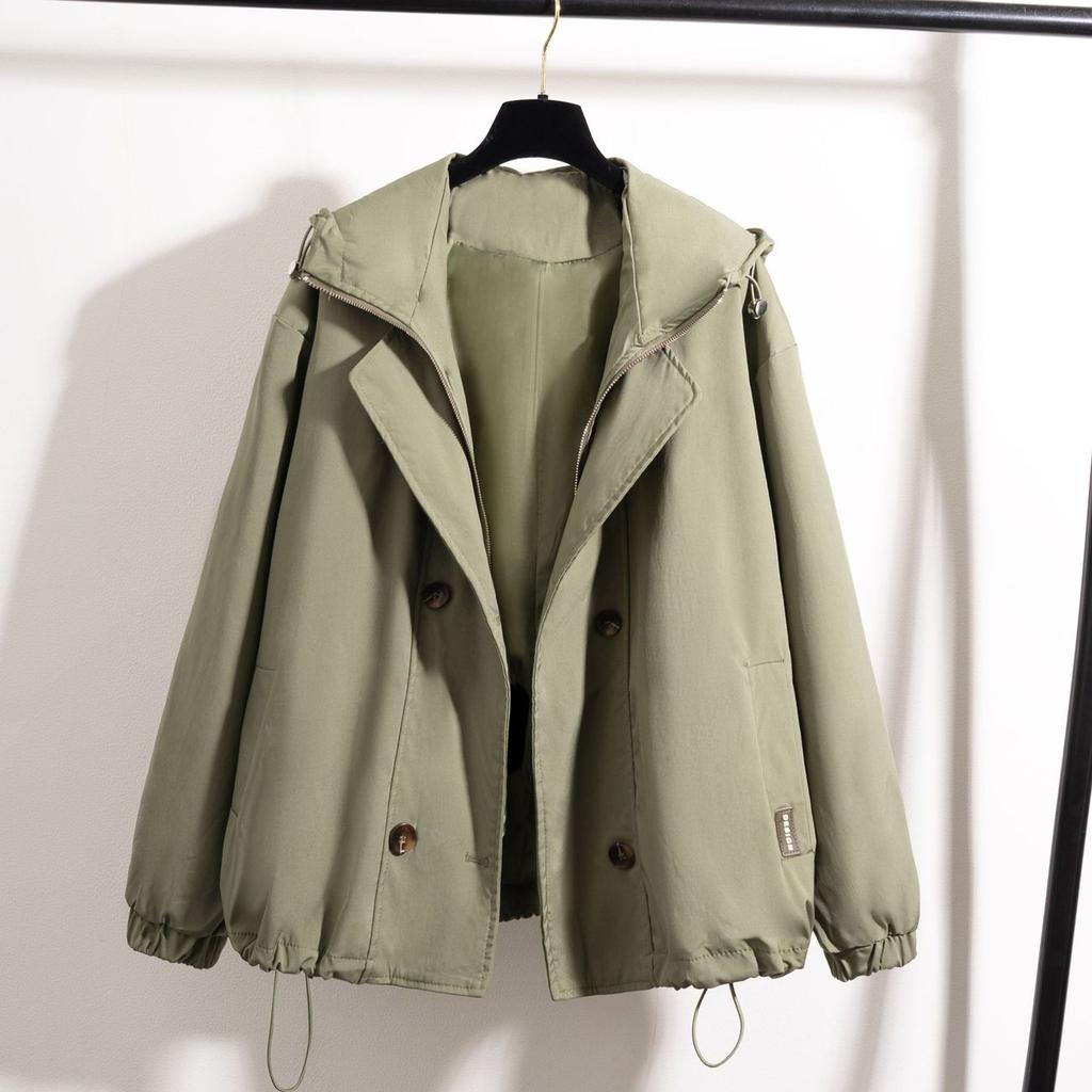 Women Green Workwear Hooded Regular Shoulder Short Windbreaker Jacket