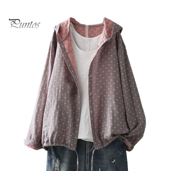 Women Spring Autumn Coat Hooded Drawstring Hem Long Sleeve Printing Loose Zipper Closure Jacket with Pockets Daily Wear Commuting Outerwear