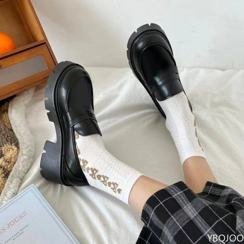 Модные универсальные большие размеры на толстой подошве Весна Осень минималистичные удобные новые туфли на высоком каблуке с круглым носком на толстом каблуке