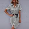 Summer Women's Causal Short Sleeve Lapel Collar Single Breasted Striped Dress S-XL
