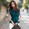 Sleeveless Peplum Blouse with Round Belted and Ruffled Solid J-Scott Women's Neck, Waist, Hem, Green, JS151-GR-L