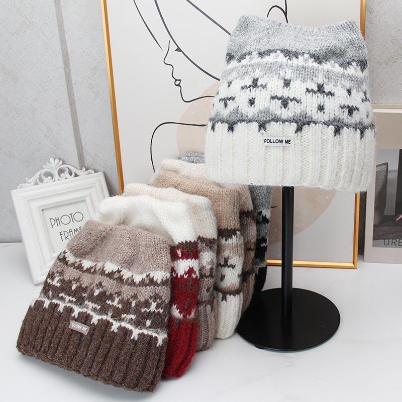 Cute cat ear wool hat Nordic style jacquard knitted hat women's autumn and winter outdoor warm cover loose thickened hat tide