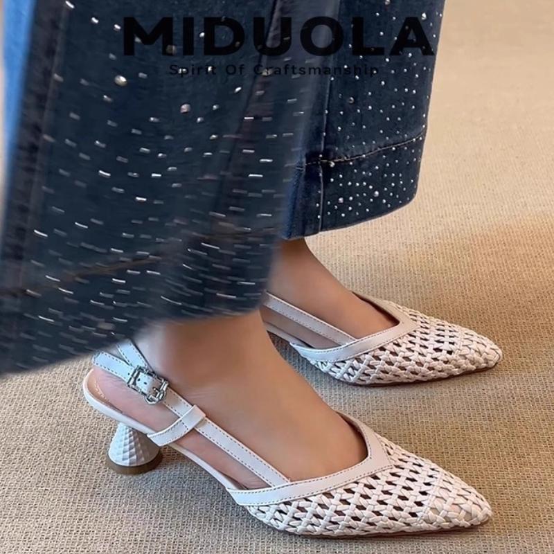 Мода 2025 Летняя обувь Скелетонизированные Модные Кожа Ткань Средний каблук Женские Сандалии Французский Квадратный носок Плетеные Сандалии на высоком каблуке