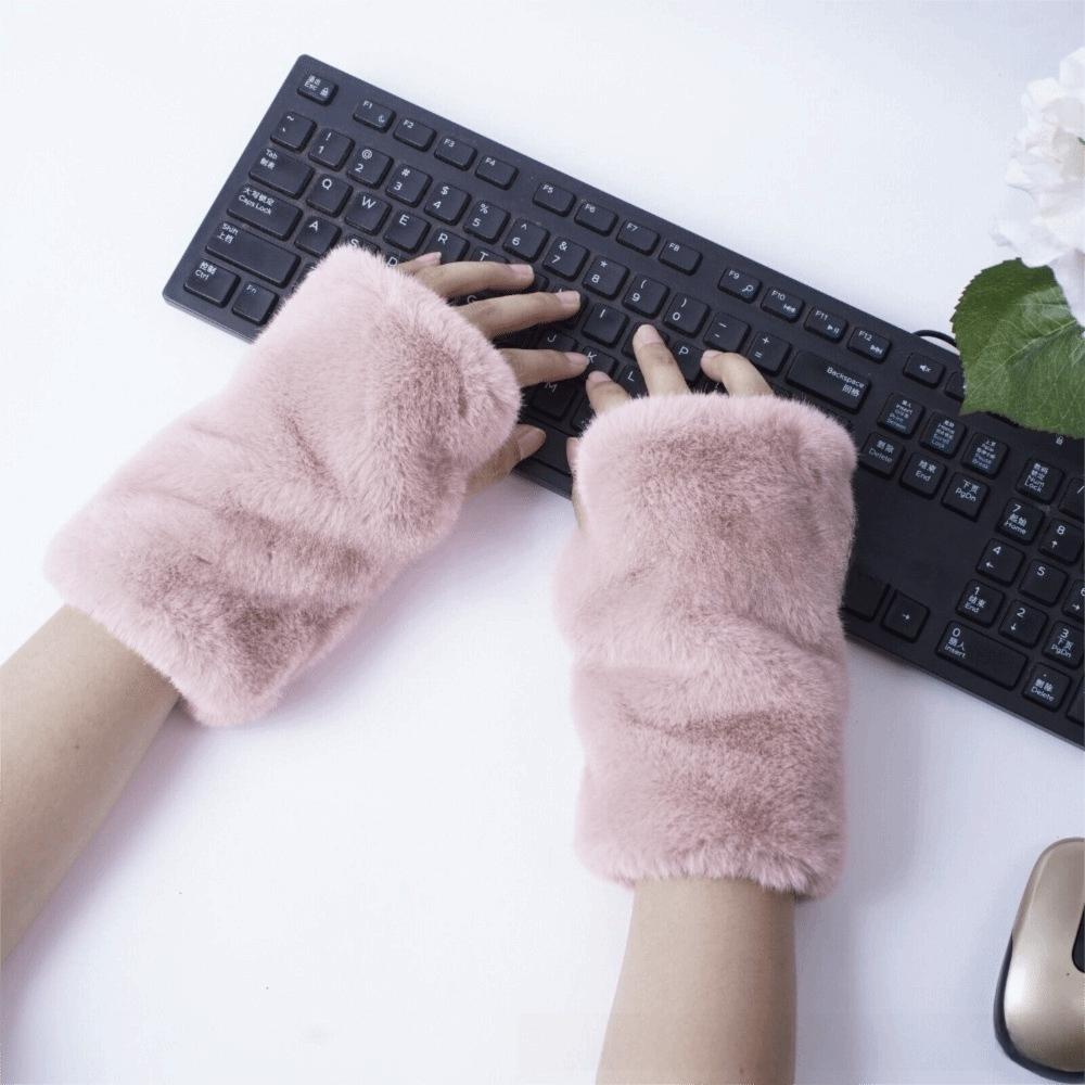 Fleece Lined Half Finger Mittens Elastic Cuff Faux Fur Hand Warmer Office Typing
