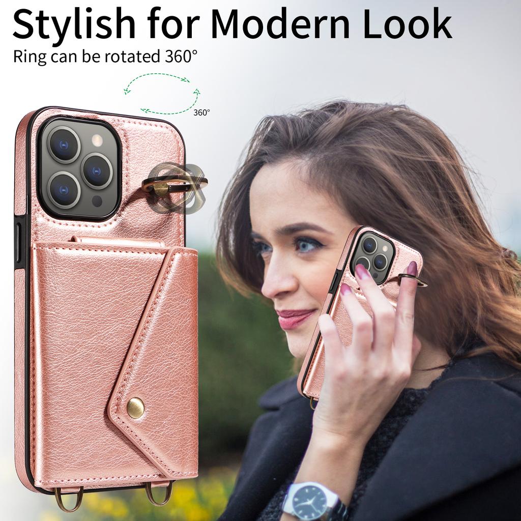 Для iPhone 15 серии. Для iPhone 15, 15 Plus, 15 Pro, 15 Pro Max плечевой ремень веревка кольцо кронштейн дизайн держатель для карт слоты личи узор чехол для телефона