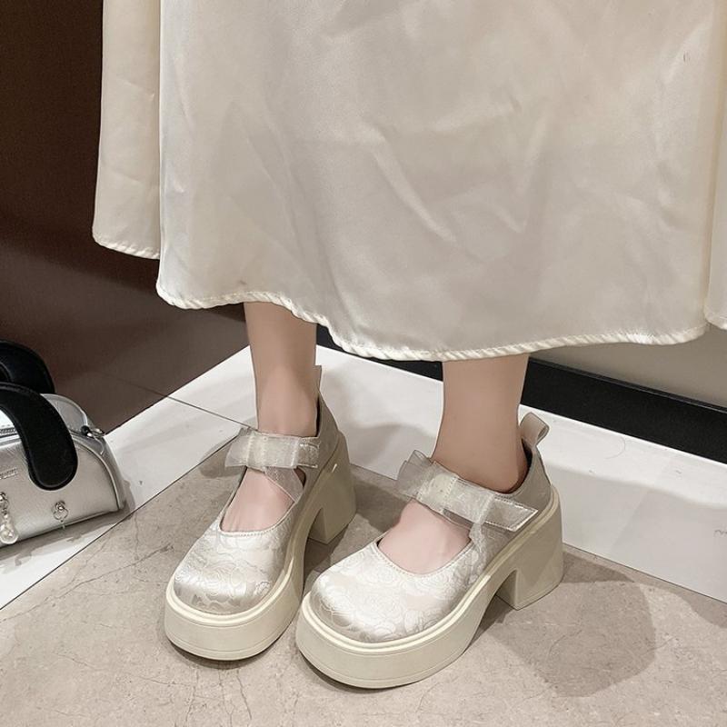 Chinese Style Mary Jane Shoes Women's Platform Lace Bow Round Head Chunky Heel Pumps