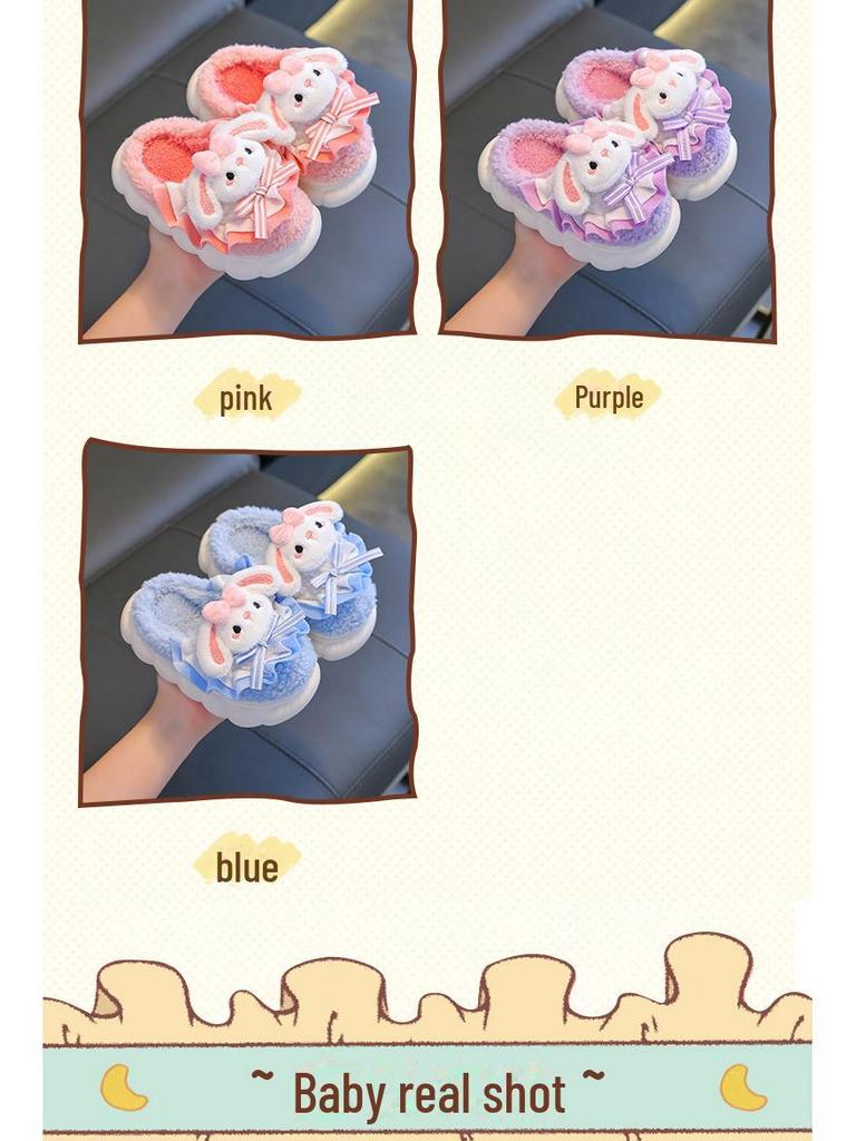 Зимние тапочки из хлопка с милым кроликом 2024 года для девочек - теплая пушистая детская домашняя обувь