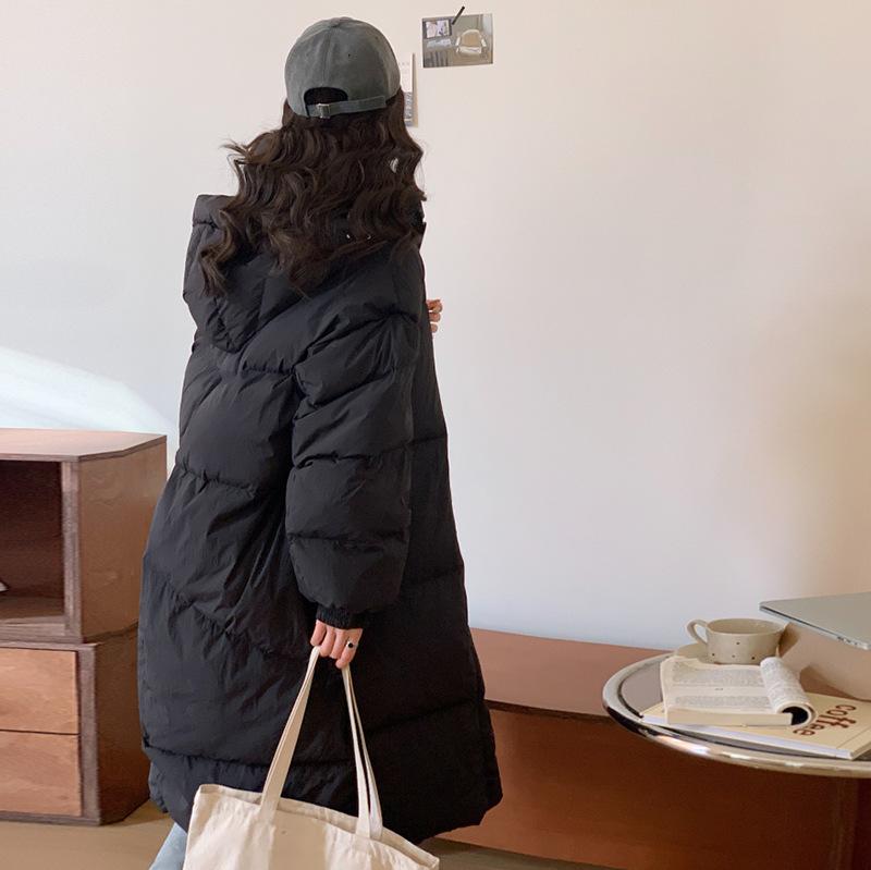 Длинная большая стеганая куртка-пуховик женская зимняя мода 2024 года, однотонное свободное утолщенное белое утиное пуховое пальто длиной до колена