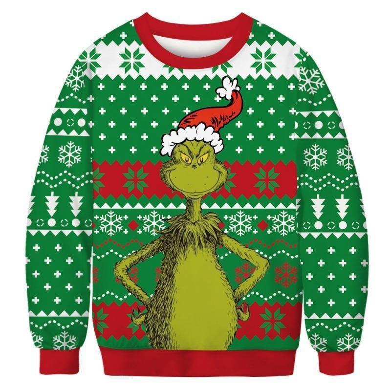 Grinch Christmas Cartoon Hoodie Unisex Long Sleeve Crewneck Sweatshirt Teens Casual Print Top