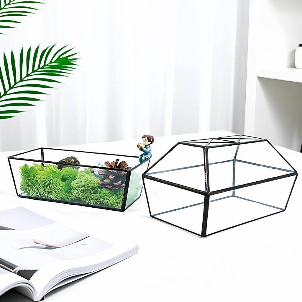 Geometric Glass Greenhouse: Preserved Flower & Moss Succulent Display for Home & Restaurant Decor