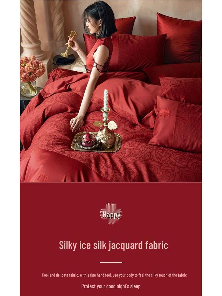 Romantic Chinese Jacquard Wedding Four-Piece Red Duvet Set: Newlywed Bedding & Happy Quilt