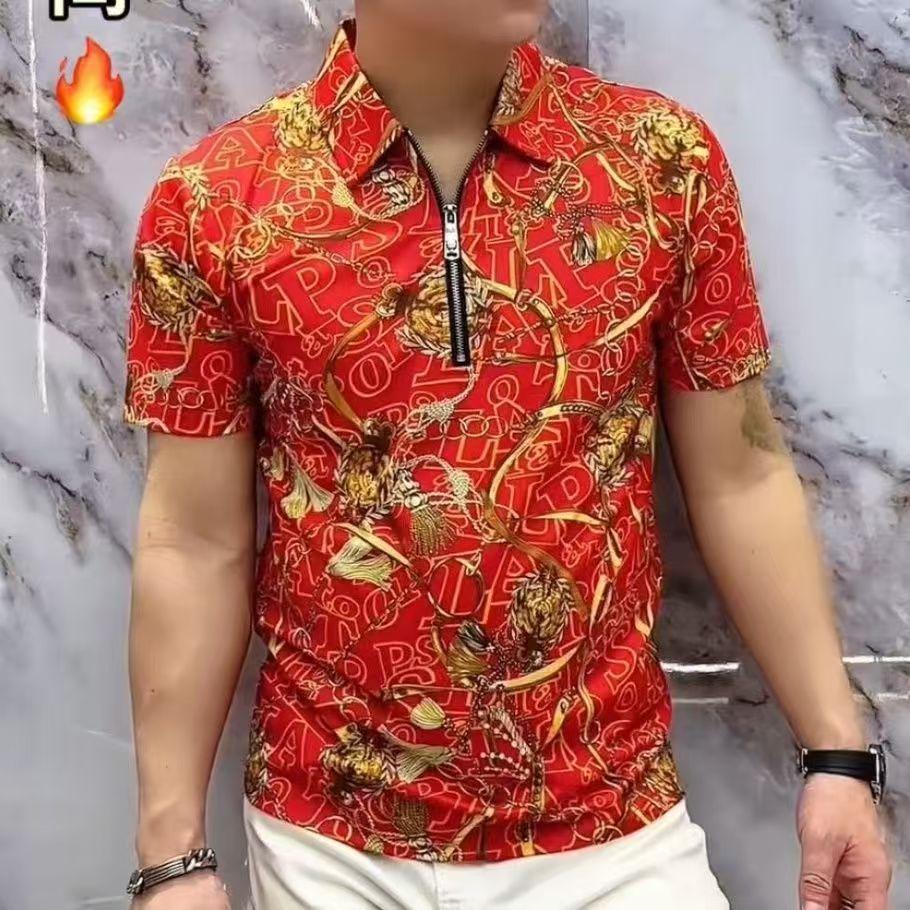 2025 Summer New Short Sleeve Men's Casual Trendy Printed High Elasticity Non-Iron Shirt Men's Zipper Short Sleeve