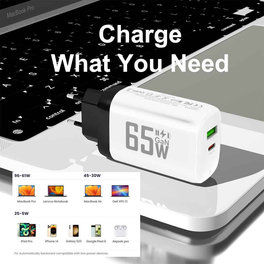 65W GaN Fast Charger: QC 3.0 & PD with 9V/12V for EU/US, Ideal for Laptops & USB Devices