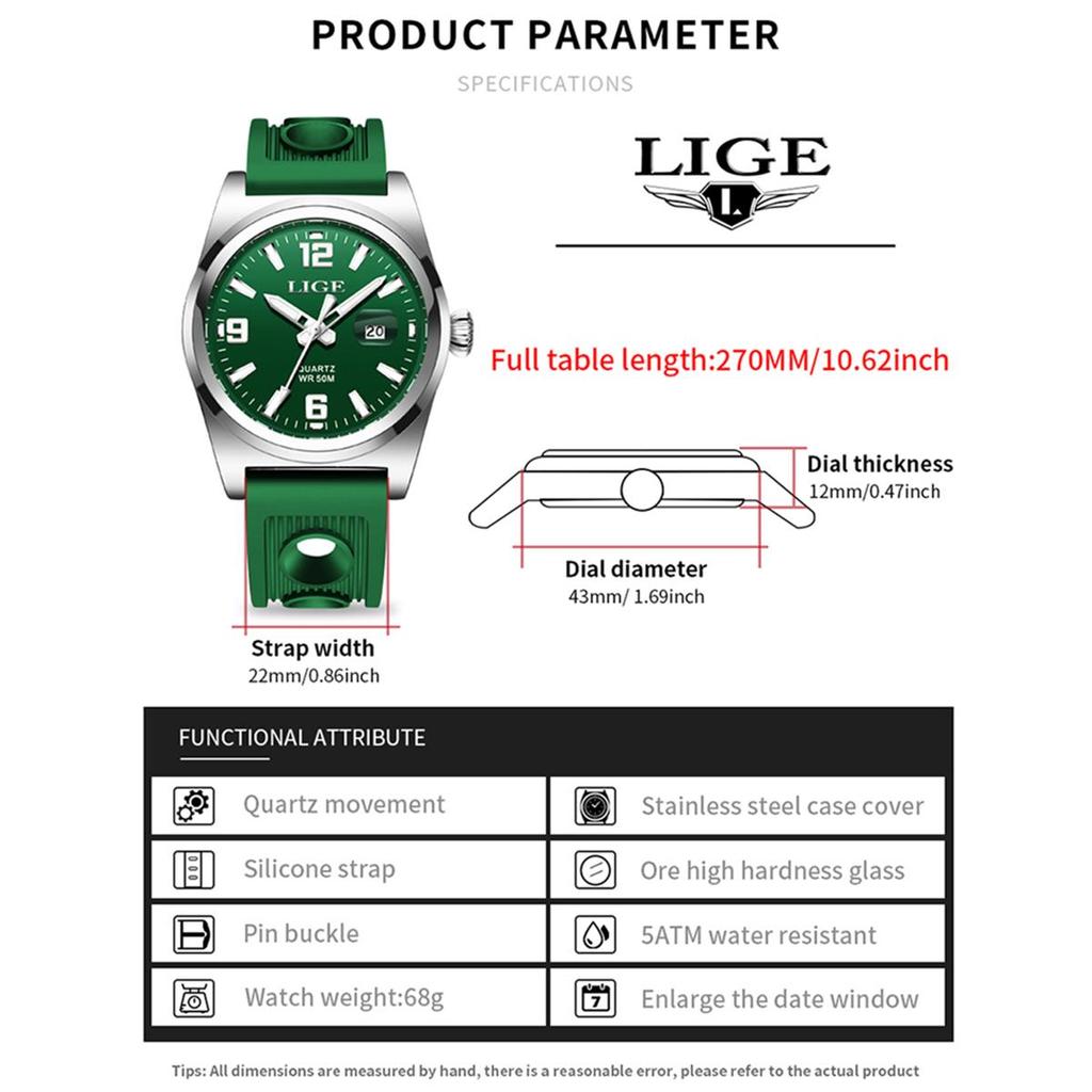 LIGE Модные повседневные мужские часы, удобные силиконовые ночные светящиеся водонепроницаемые спортивные часы, автоматические часы с датой и временем, мужские кварцевые часы