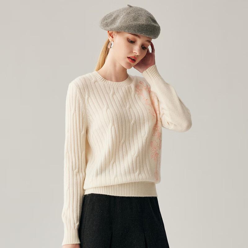 Women's Thickened 100% Cashmere Embroidered Round Neck Sweater