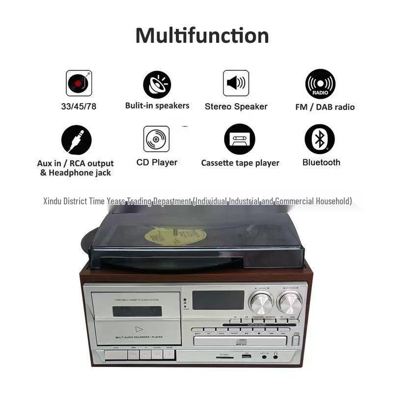 Vintage 10-in-1 Multi-Functional Gramophone: Vinyl Record, CD, Cassette Player, Radio, and Speaker.